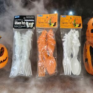 Halloween Party Plastic Forks and Spoons Ghost & Witch Vintage Glow White Orange